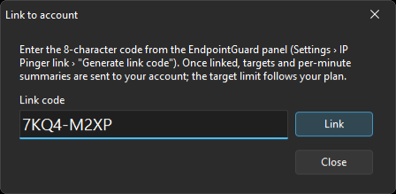 "Link to account" window in IP Pinger
