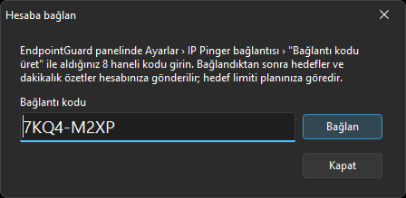 IP Pinger'da "Hesaba bağlan" penceresi
