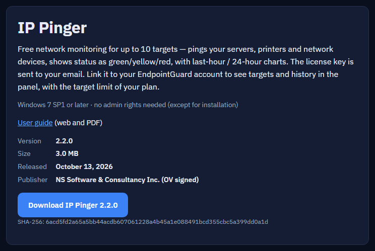 IP Pinger card on the Downloads page with version and SHA-256