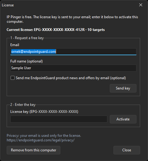 Activated license with the masked key and "10 targets"