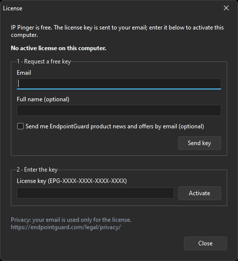 License window with "1 · Request a free key" and "2 · Enter the key"