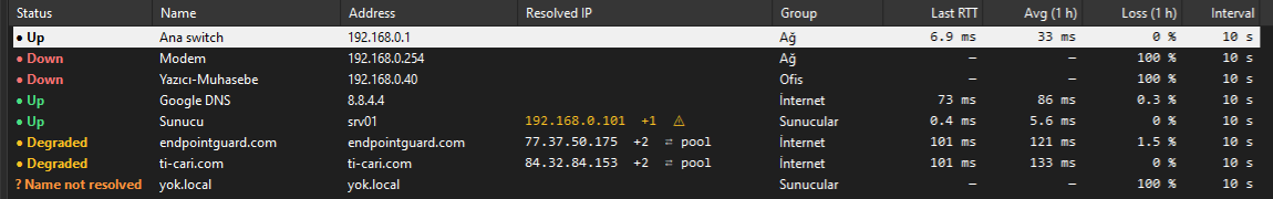 Resolved IP column with +2, ⇄ pool and yellow ⚠ marks