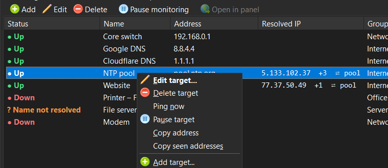 Right-click menu on a pool target with "Copy seen addresses"