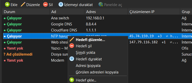 Havuz hedefinde açılmış sağ tık menüsü, "Görülen adresleri kopyala" seçeneğiyle