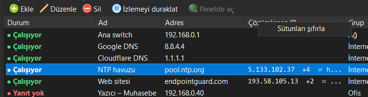 Sütun başlığında açılmış "Sütunları sıfırla" menüsü
