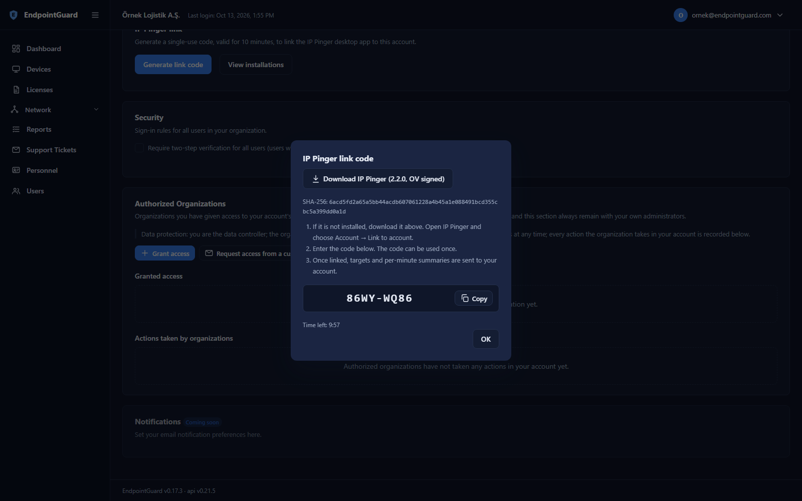 Link code window in the panel, with the countdown
