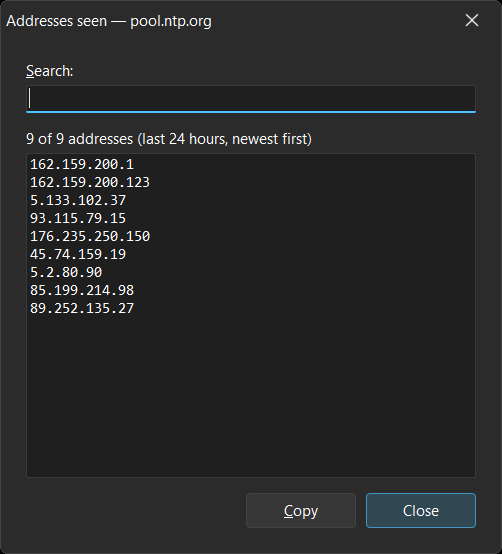 Addresses seen window with the search box and the Copy button