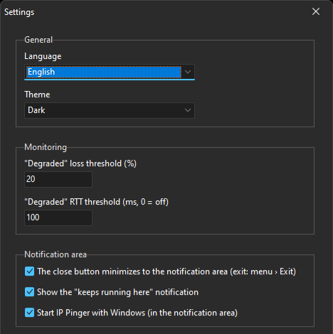 General section of the Settings window, dark theme