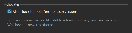 The Updates section of the Settings window with the beta check box ticked