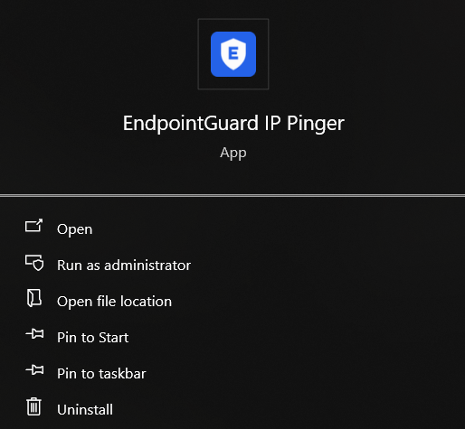 Kurulum sonrası Başlat menüsünde EndpointGuard IP Pinger kısayolu