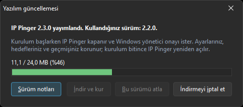 Güncelleme penceresi, indirme ilerlemesiyle