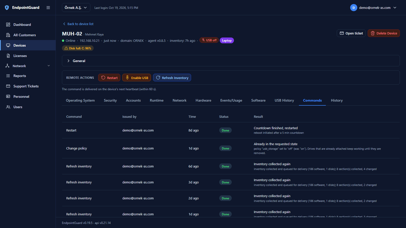 EndpointGuard remote command panel