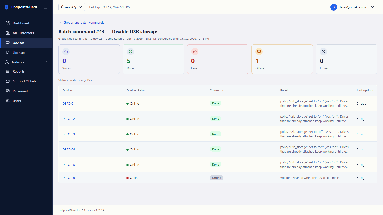Batch command result screen: disabling USB storage on the Warehouse terminals group
