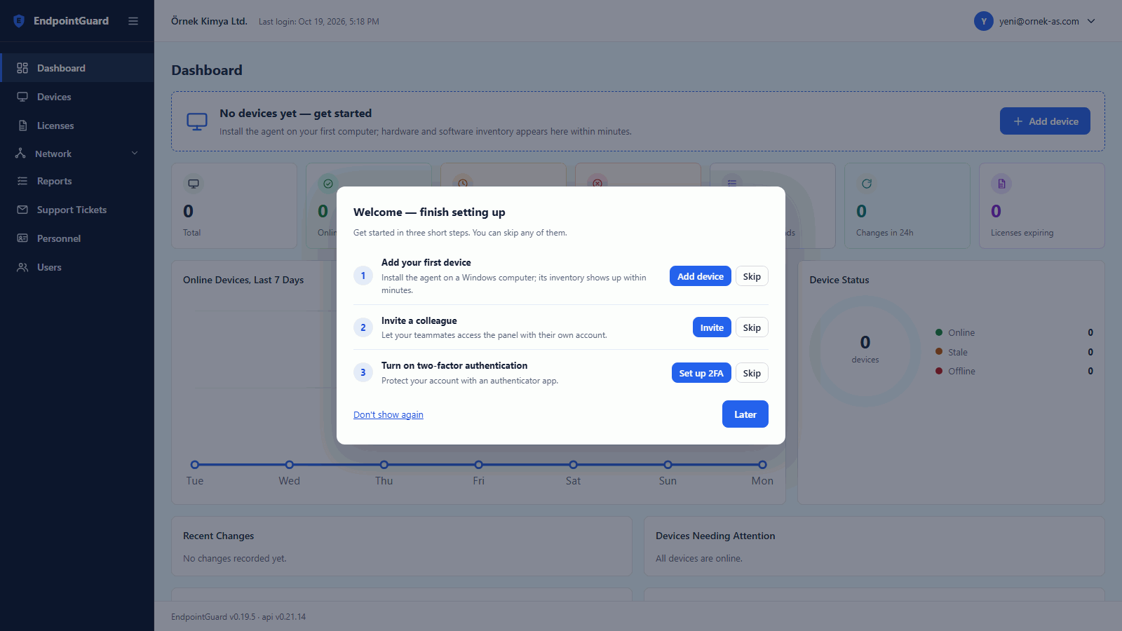 The welcome wizard on first sign-in: add a device, invite, two-factor authentication