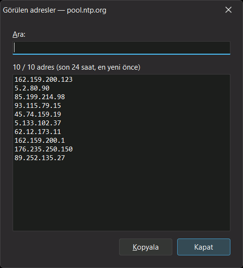 IP Pinger görülen adresler penceresi