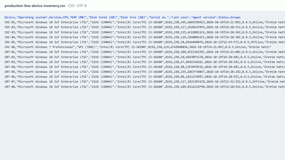 The CSV export of the same report